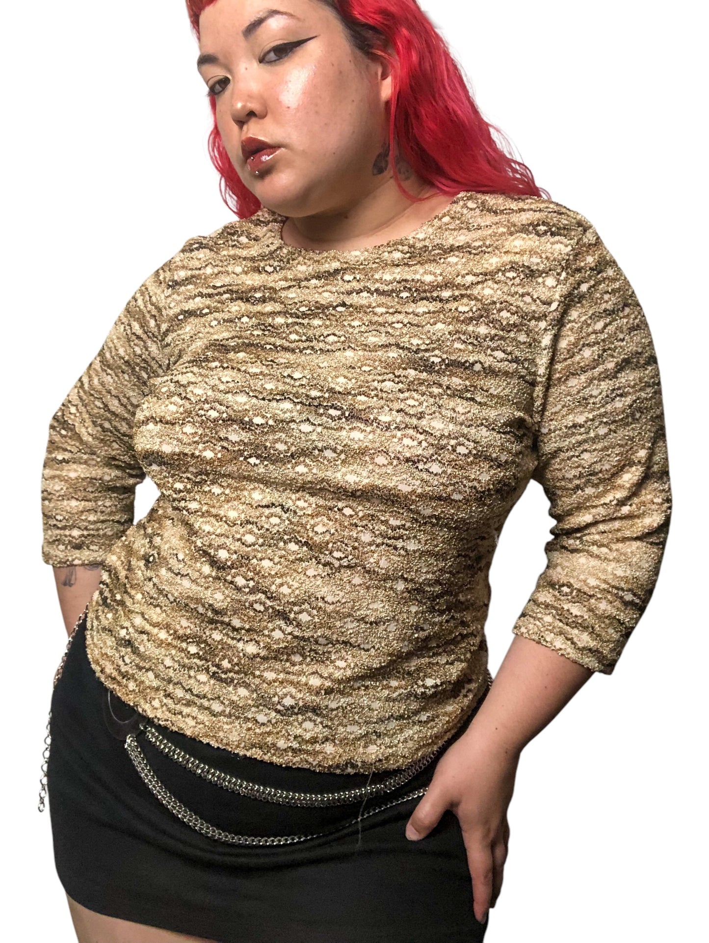 90’s/Y2K Kathie Lee Tan Chenille Embroidered Long Sleeve Top (XL)