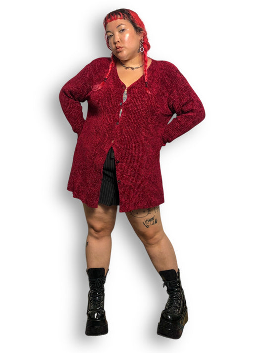 90’s/Y2K Valerie Stevens II Wine Red Knit Cardigan Sweater (XL)