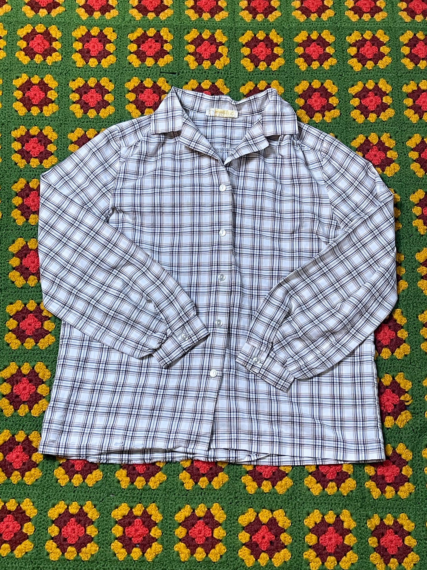 60’s/70’s Collegian of California Brown and White Plaid Blouse (M)