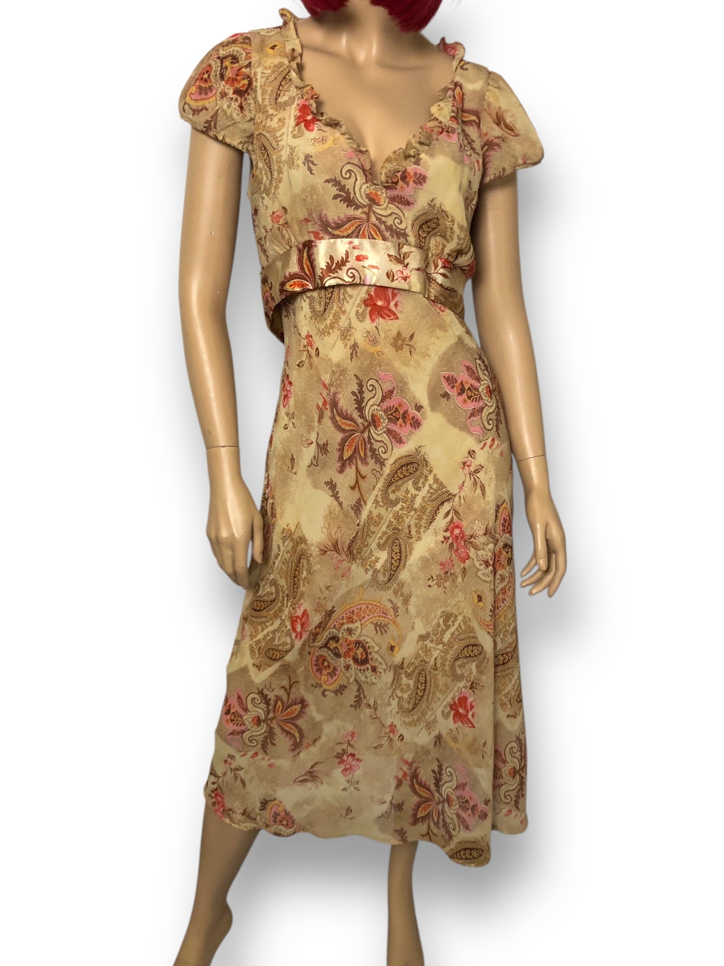90’s CDC Tan Paisley Floral Midi Dress (XL)