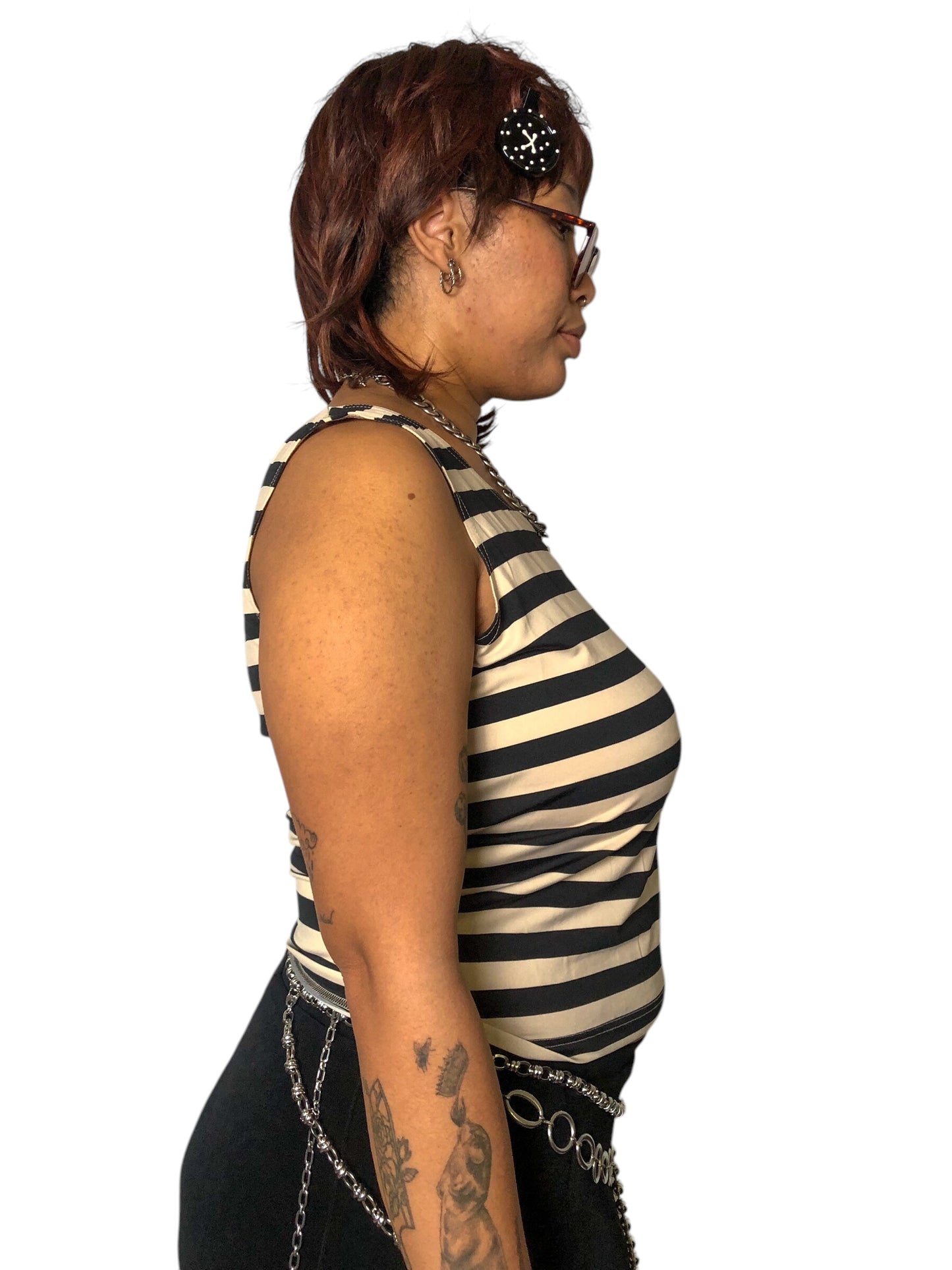Y2K Draper’s & Damon’s Black and Cream Striped Tank Top (L)