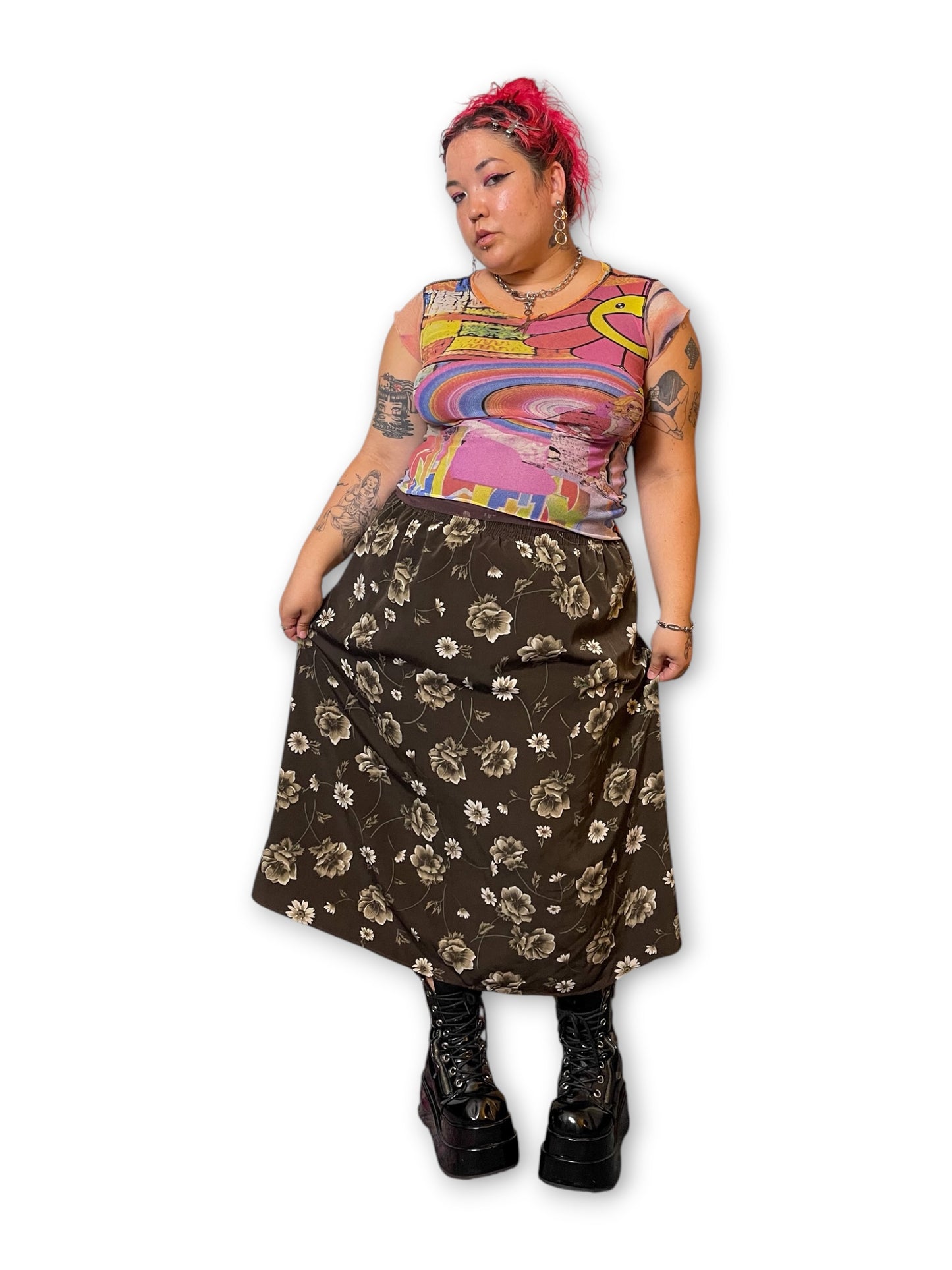 90’s Brown Floral Print Skirt (L/XL/1X)