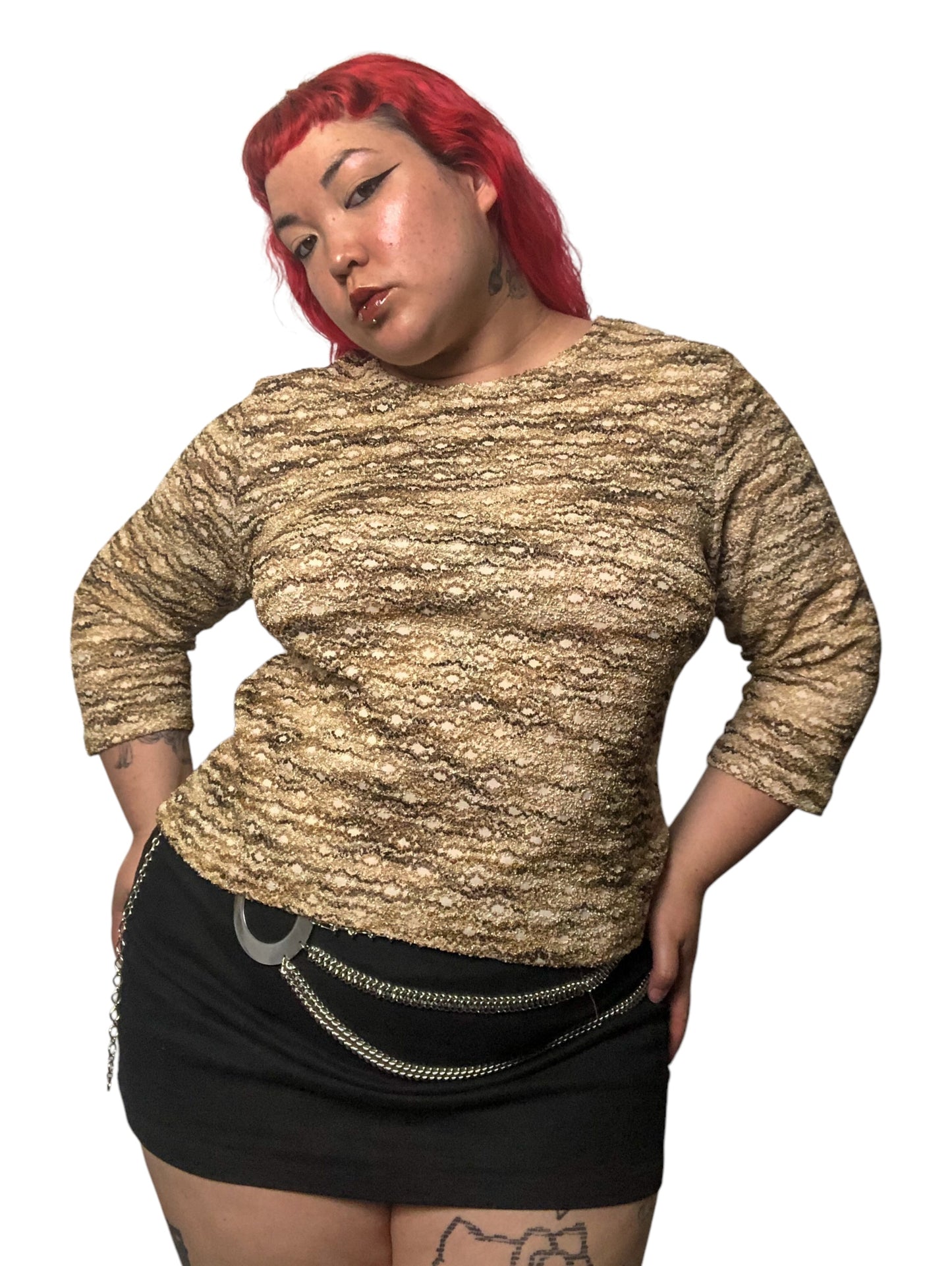 90’s/Y2K Kathie Lee Tan Chenille Embroidered Long Sleeve Top (XL)