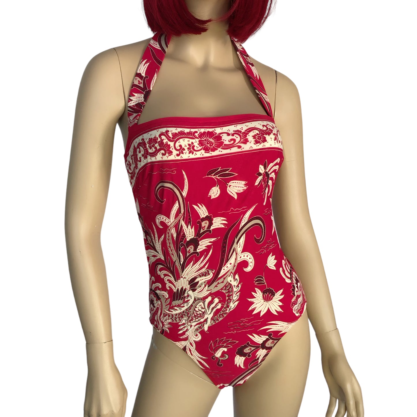 90’s Jantzen Pink and Cream Paisley Dragon Print One-Piece Swimsuit (M/L)