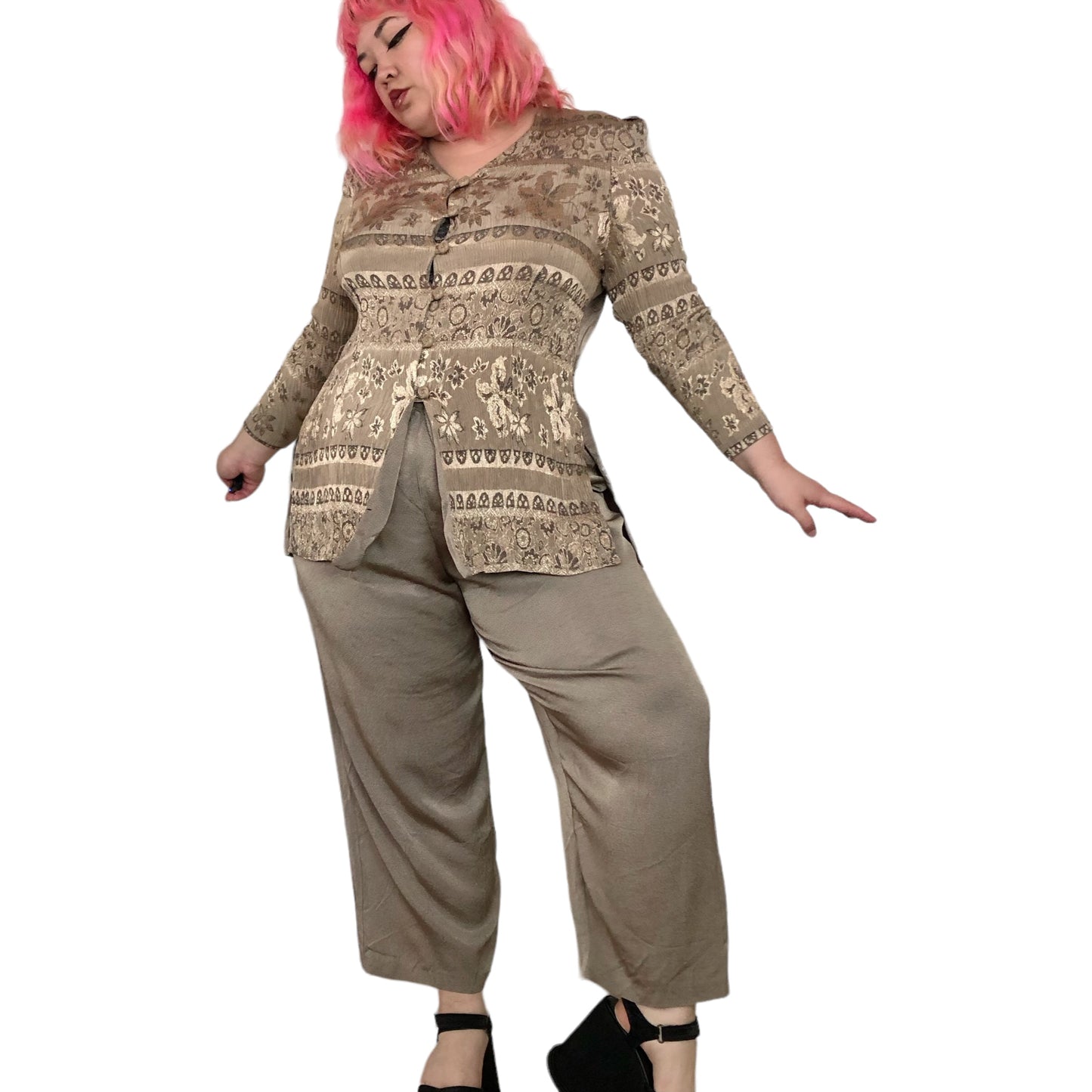 80’s/90’s Maren Gold Floral Blouse + Pant Set (2X/3X)