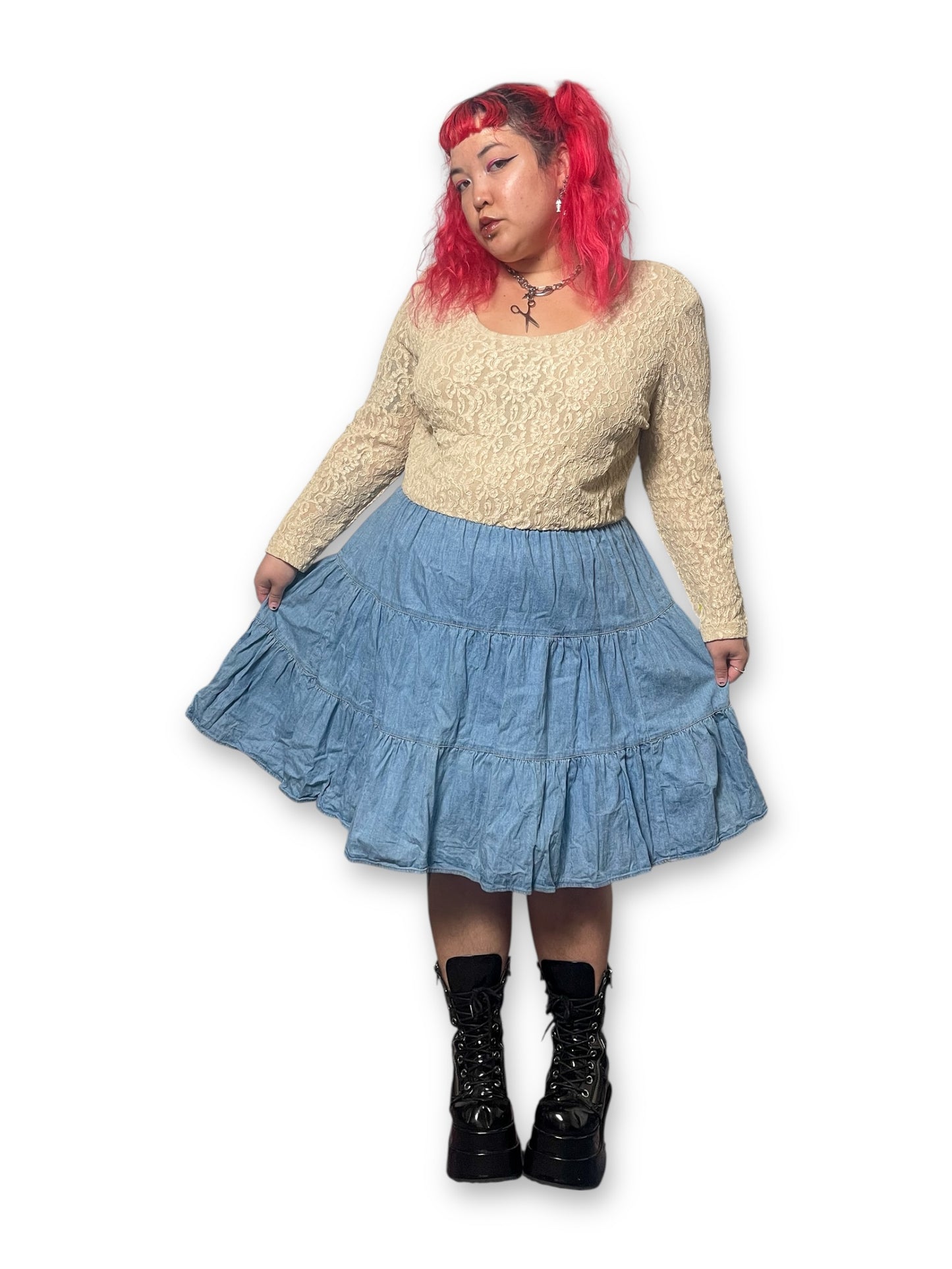 80’s/90’s Prairie Lace Denim Tiered Dress (3X)