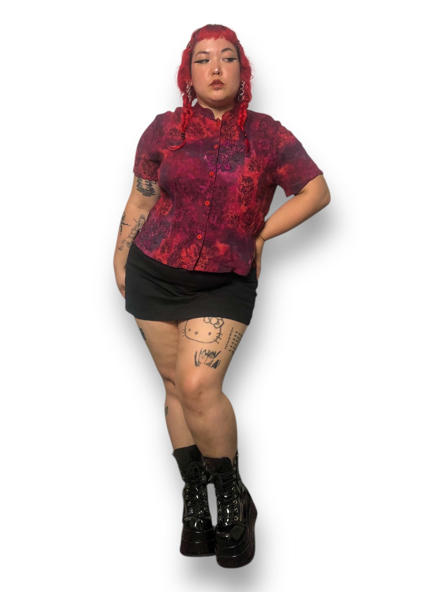 Y2K Red Floral Print Blouse (XL)