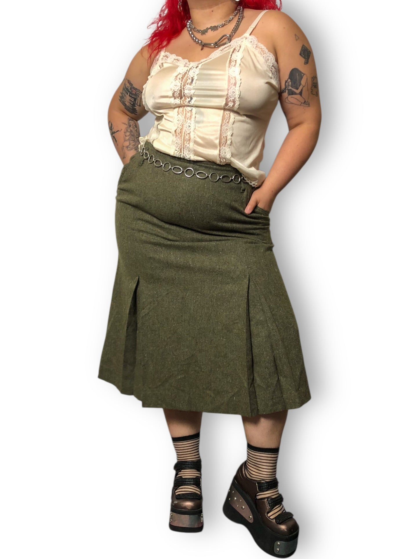 90’s Together! Olive Green Knit Pleated Skirt (2X)