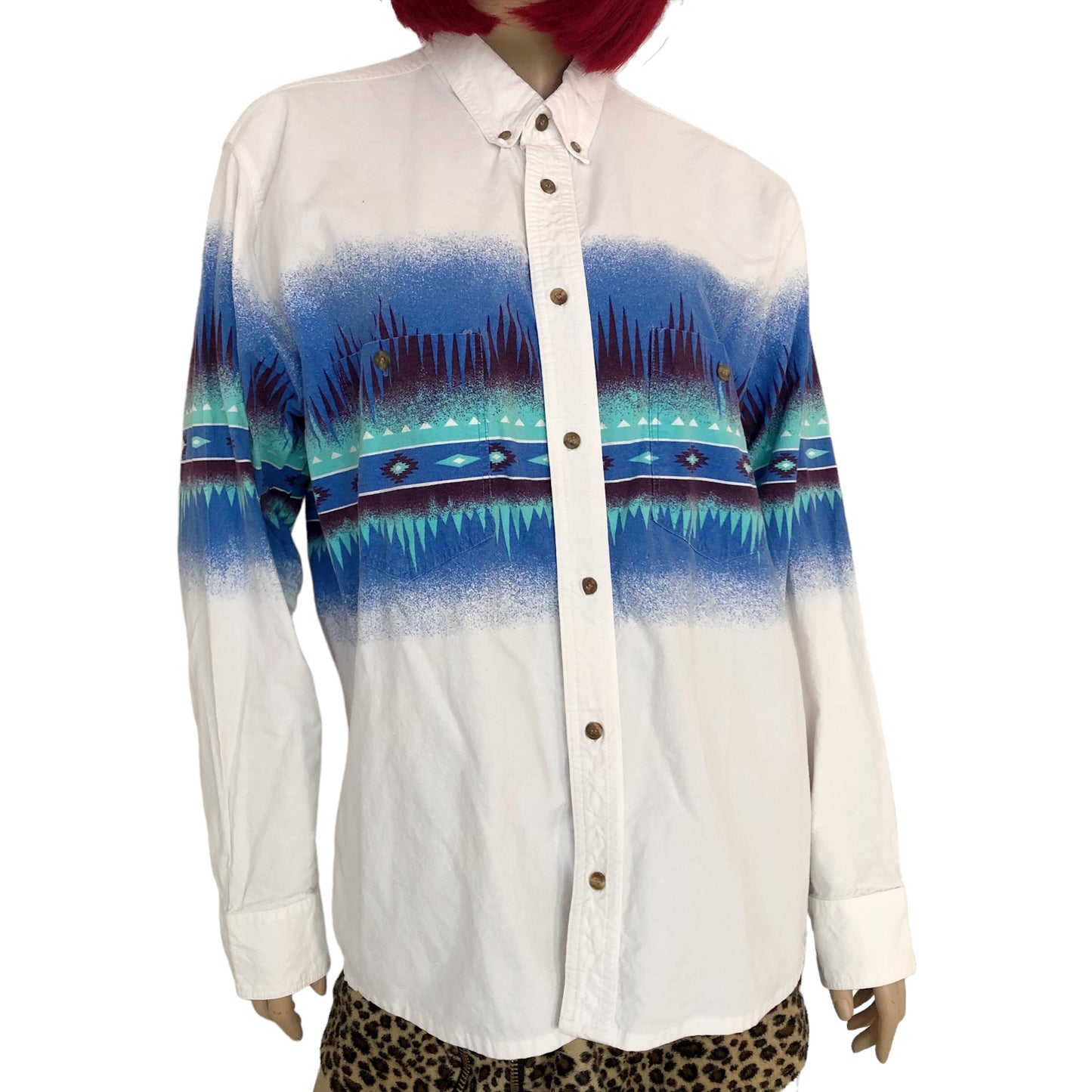 80’s Express Rider White Southwestern Print Long Sleeve Shirt (XL)