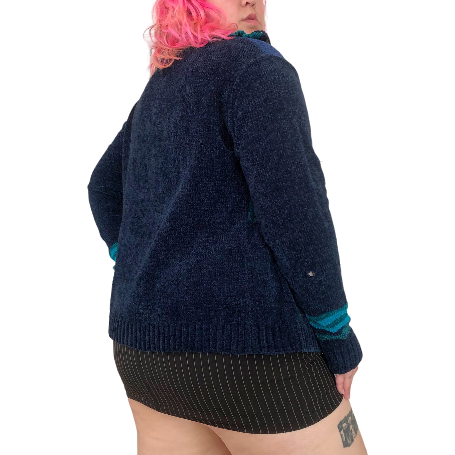 90’s/Y2K Navy Blue Striped Chenille Knit Cardigan Sweater (L)