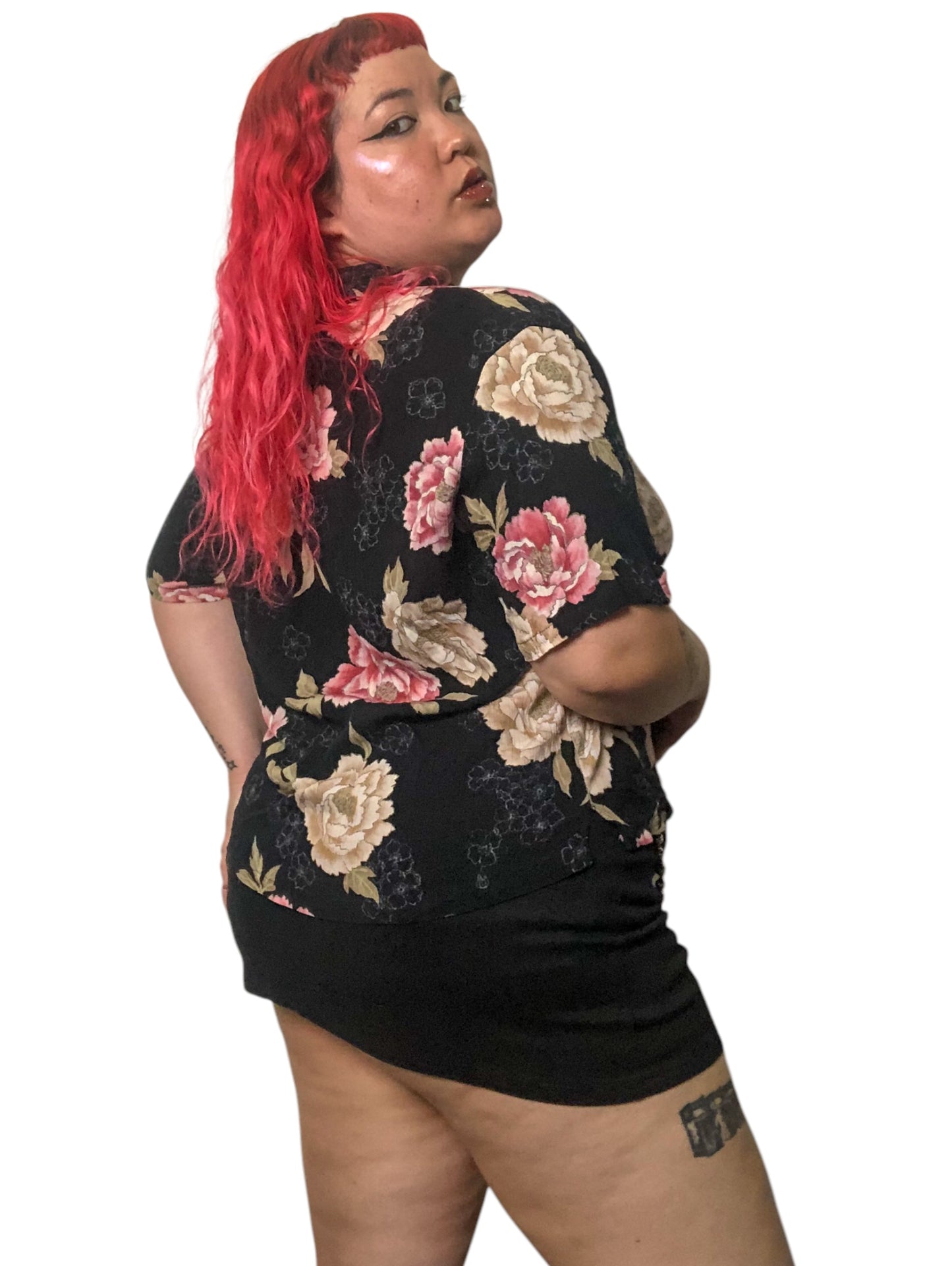 90’s Bishop St. Black Floral Print Button Down Shirt (2X)
