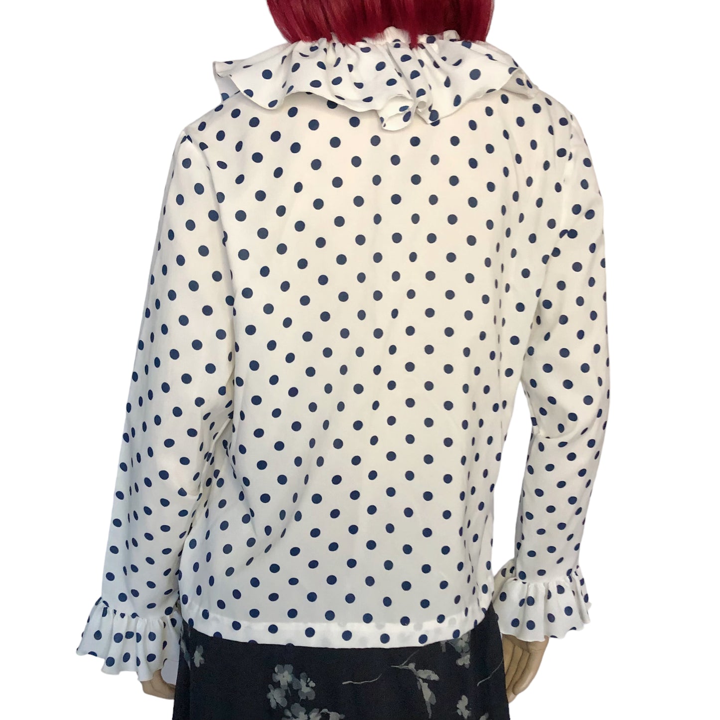 70’s Rhoda Lee White and Navy Blue Polka Dot Retro Blouse (L)