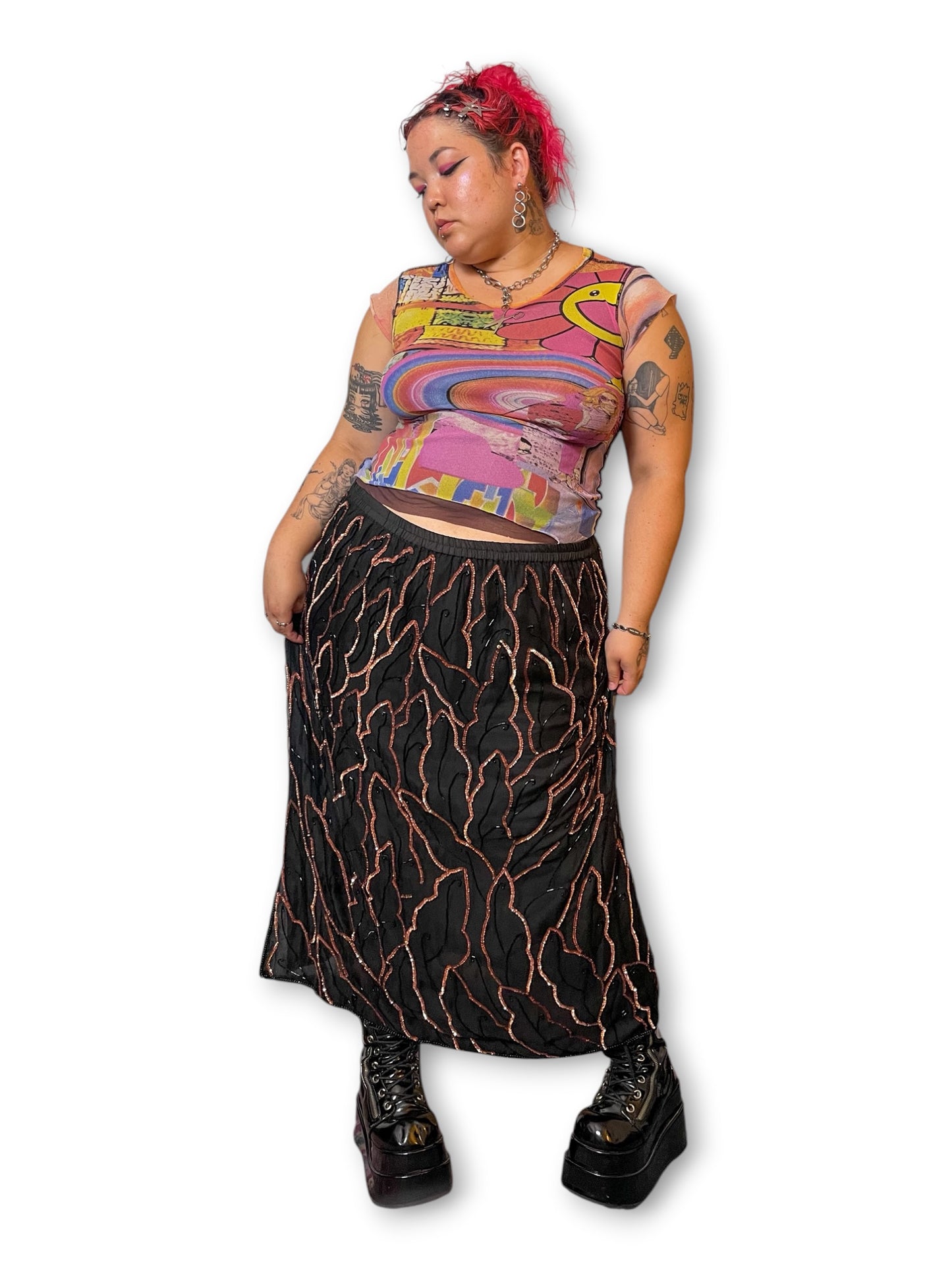 90’s Beaded Silk Midi Skirt (1X/2X/3X)
