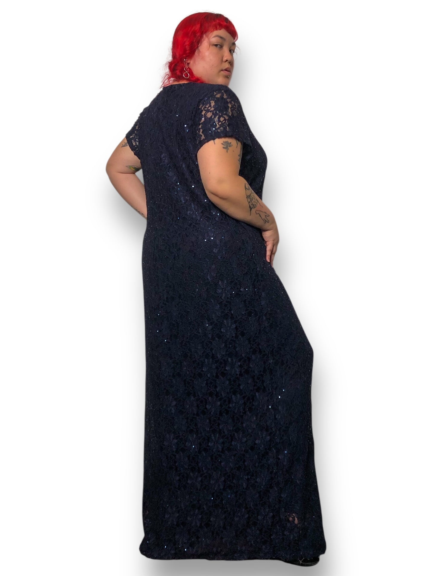 Y2K Connected Navy Blue Floral Lace Evening Dress (3X)