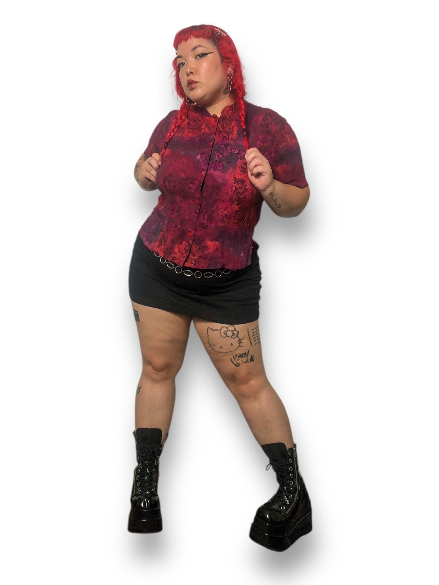 Y2K Red Floral Print Blouse (XL)