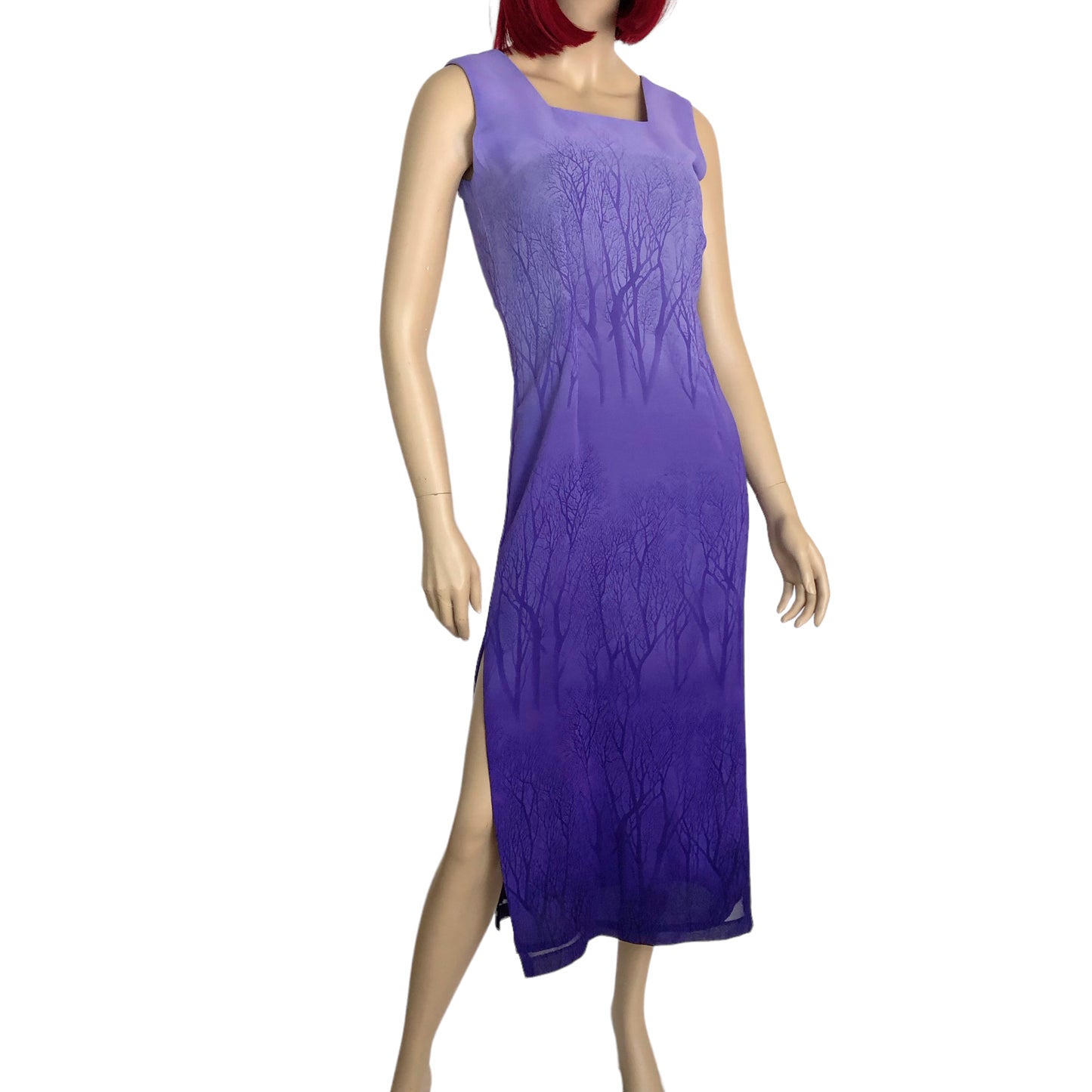 90’s/Y2K Tak High Fashion Purple Ombré Tree Print Midi Dress (S)