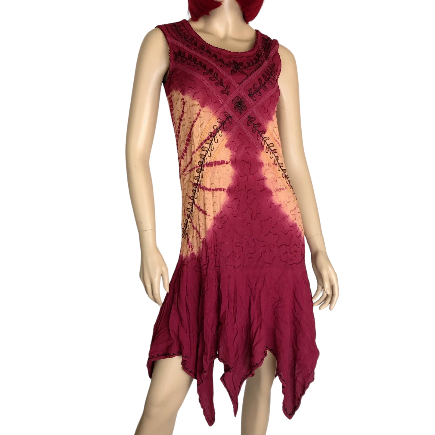 90’s Mamta Burgundy Bleach-Dyed Embroidered Dress (L)