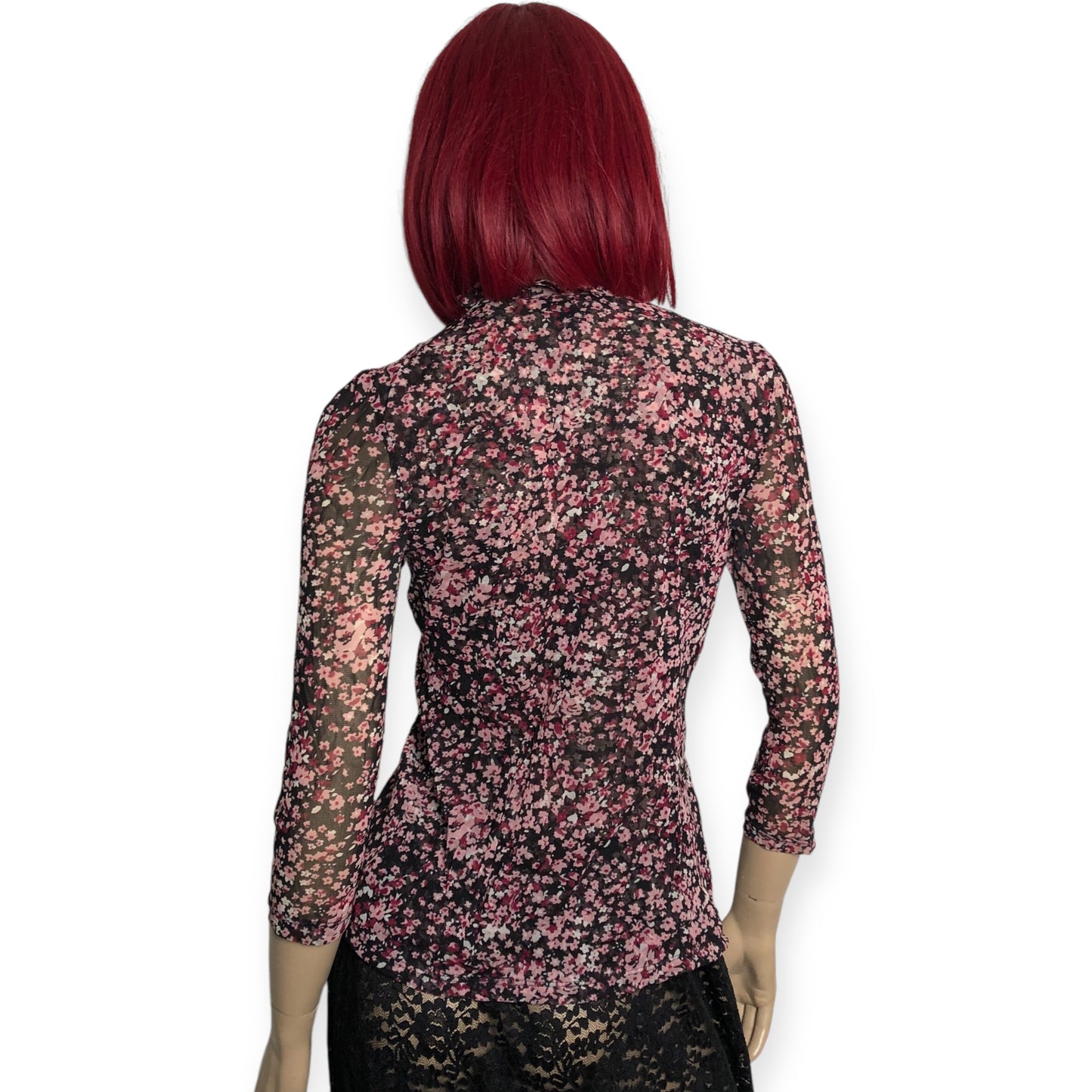 90’s INC International Concepts Black and Pink Floral Print Mesh Blouse (M)