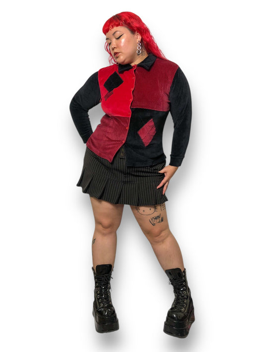 90’s Erika Red and Black Colorblock Velour Shirt (L)