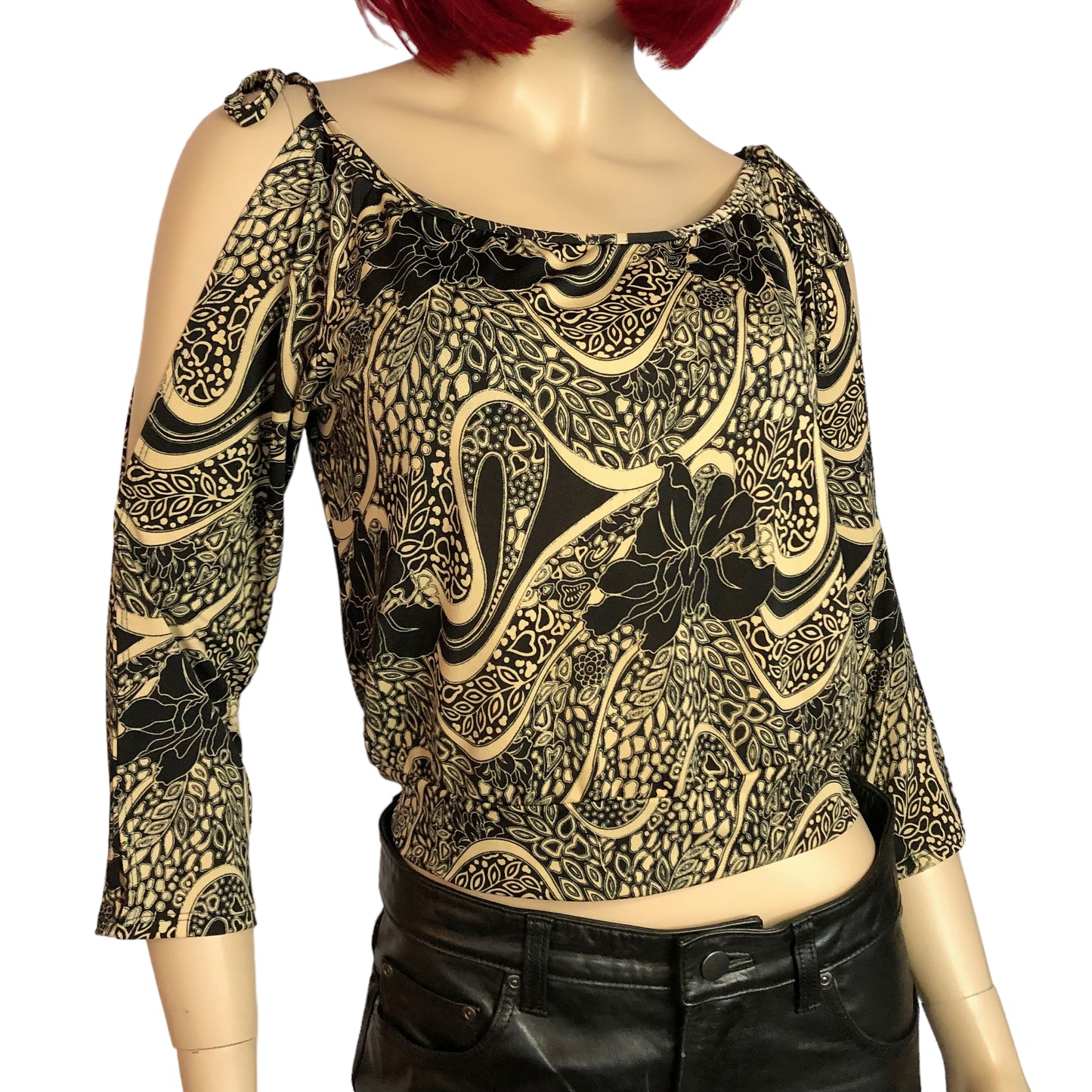 90’s Hot Papara Black and Tan Floral Paisley Print Long Sleeve Top (M)