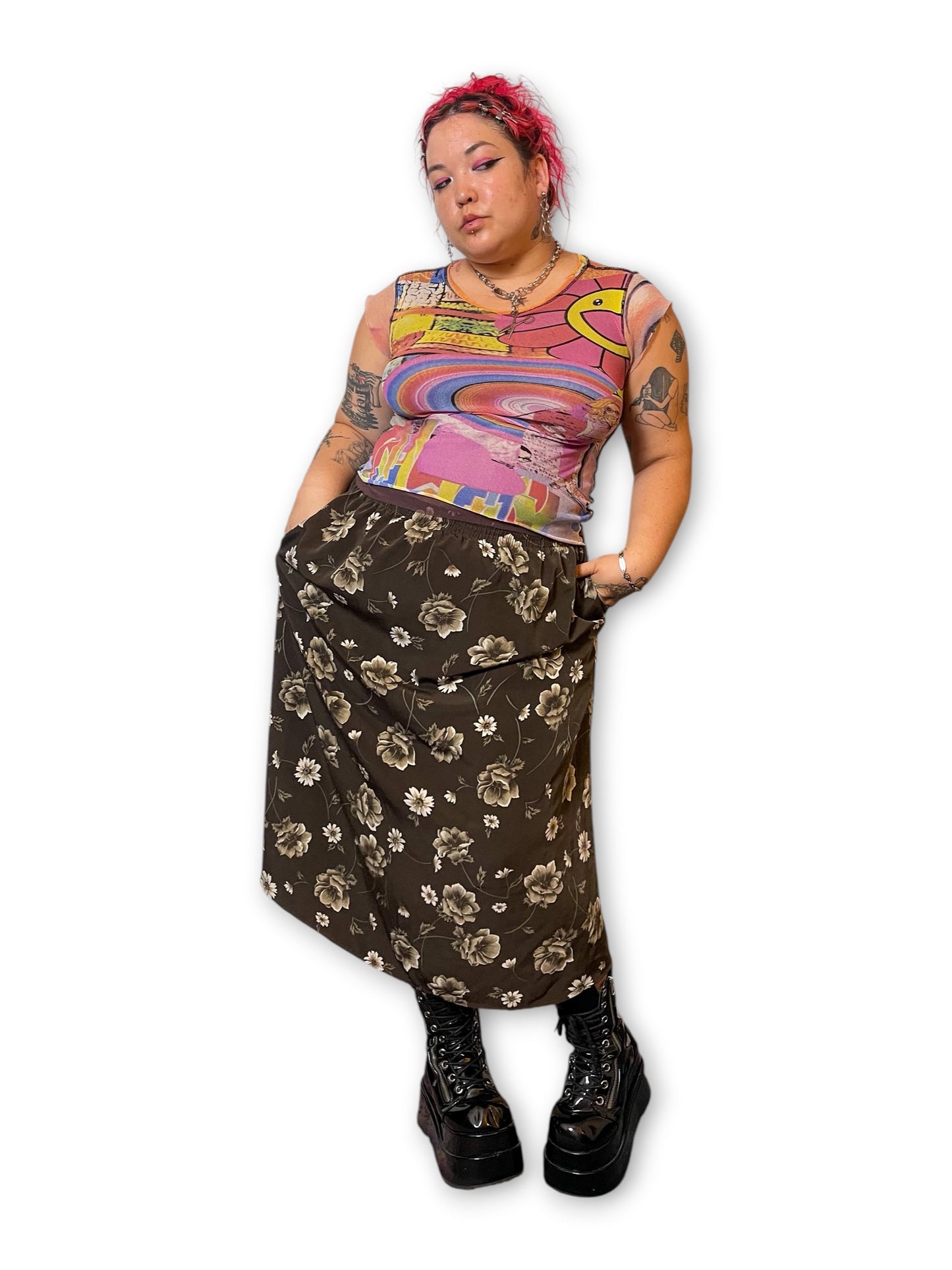 90’s Brown Floral Print Skirt (L/XL/1X)