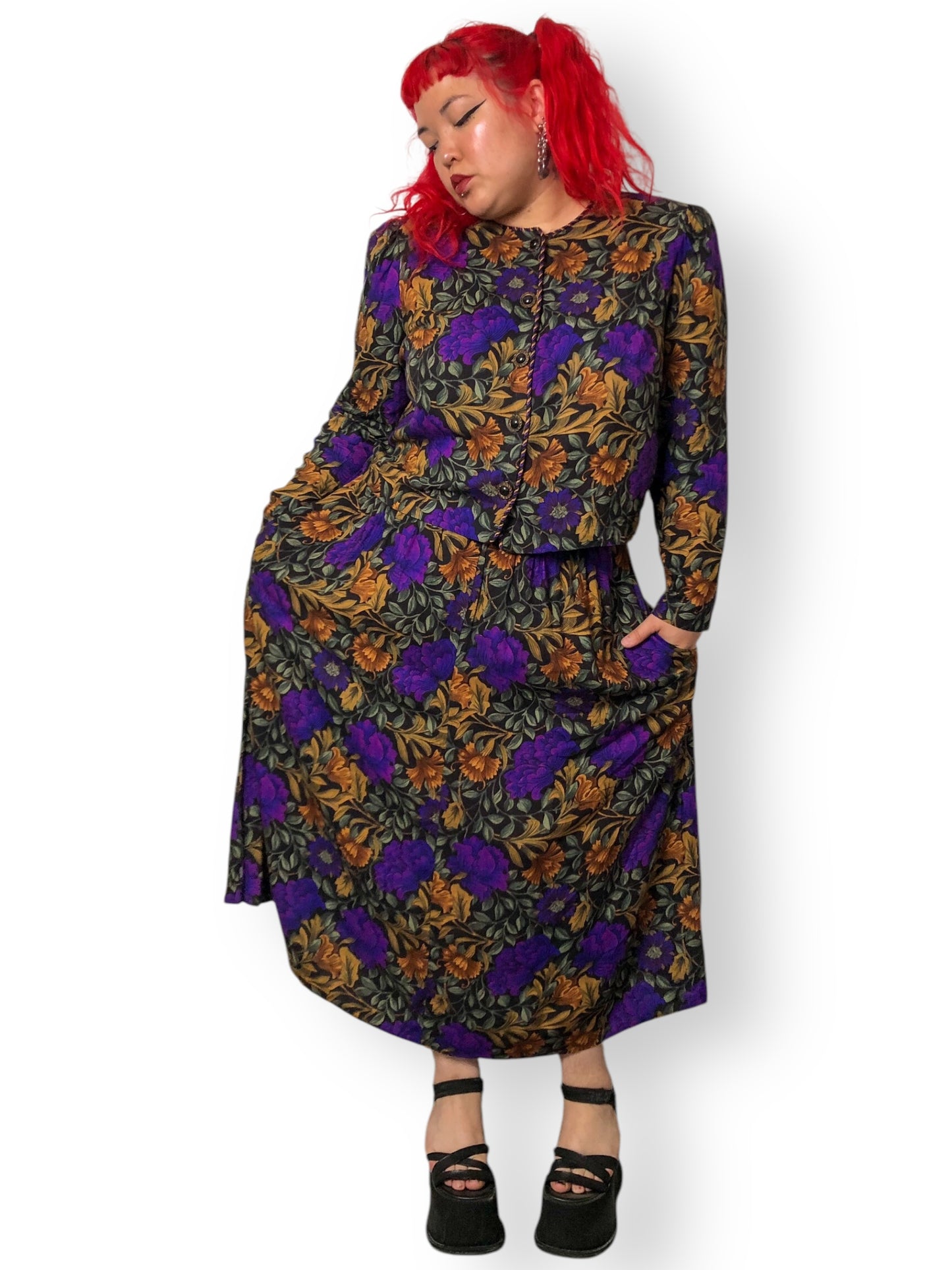 80’s Jessica Howard by Mitchell Rodbell Black Floral Print 2-Piece Set (2X)