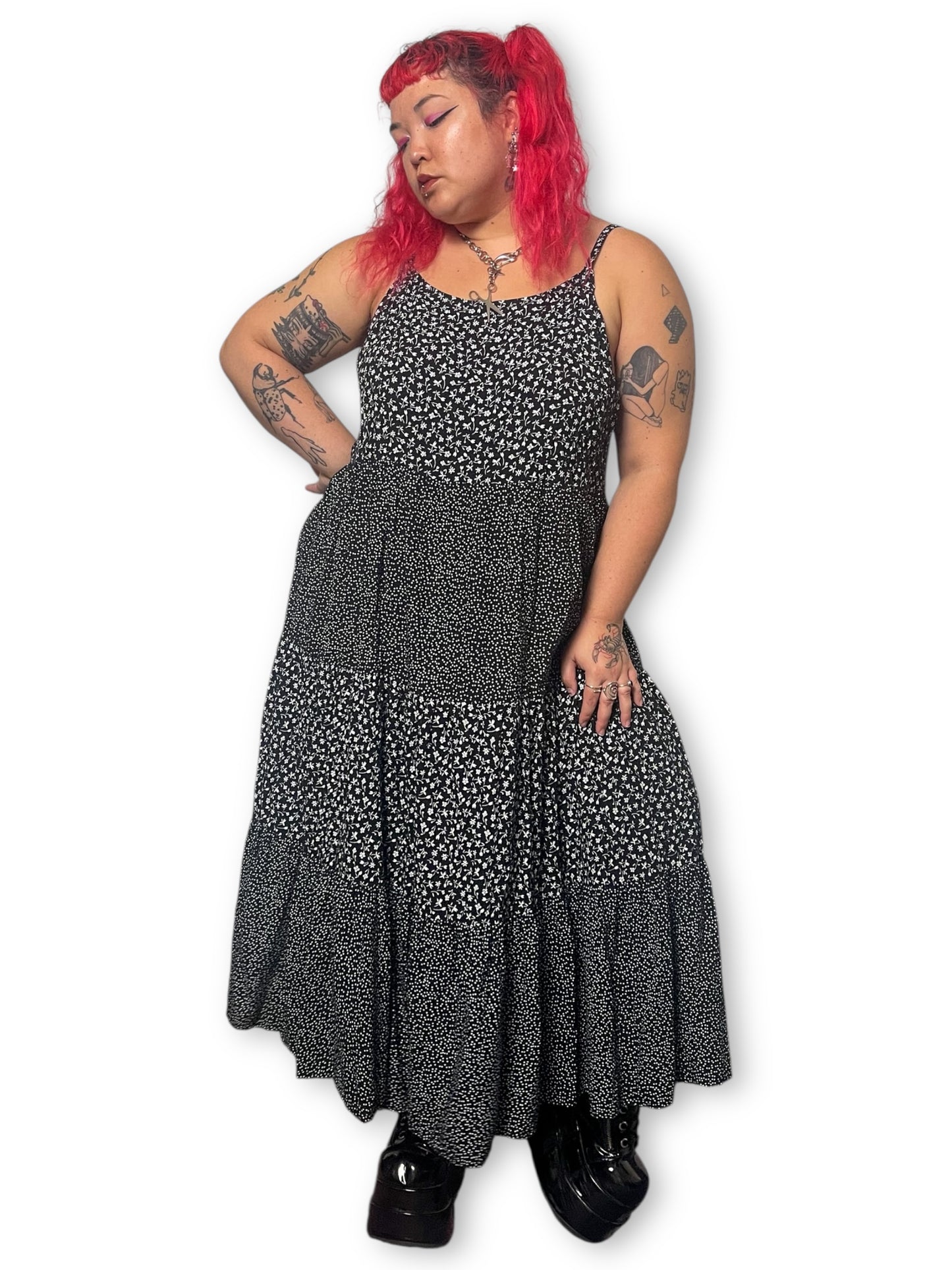 90’s Polka Dot Floral Tiered Maxi Dress (3X)