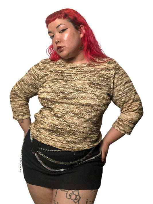 90’s/Y2K Kathie Lee Tan Chenille Embroidered Long Sleeve Top (XL)
