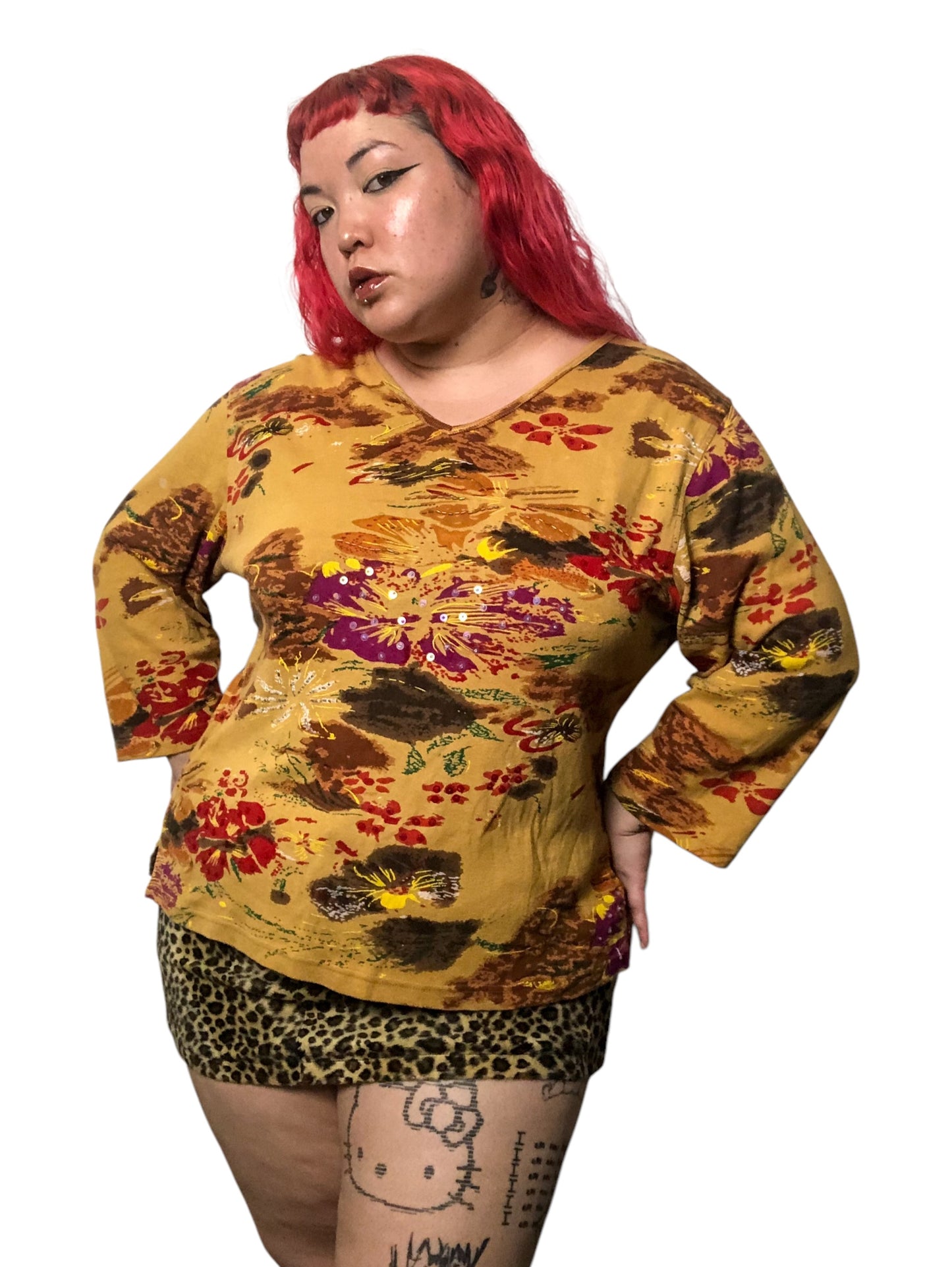 90’s/Y2K Jane Ashley Mustard Floral Print Long Sleeve Shirt (3X)
