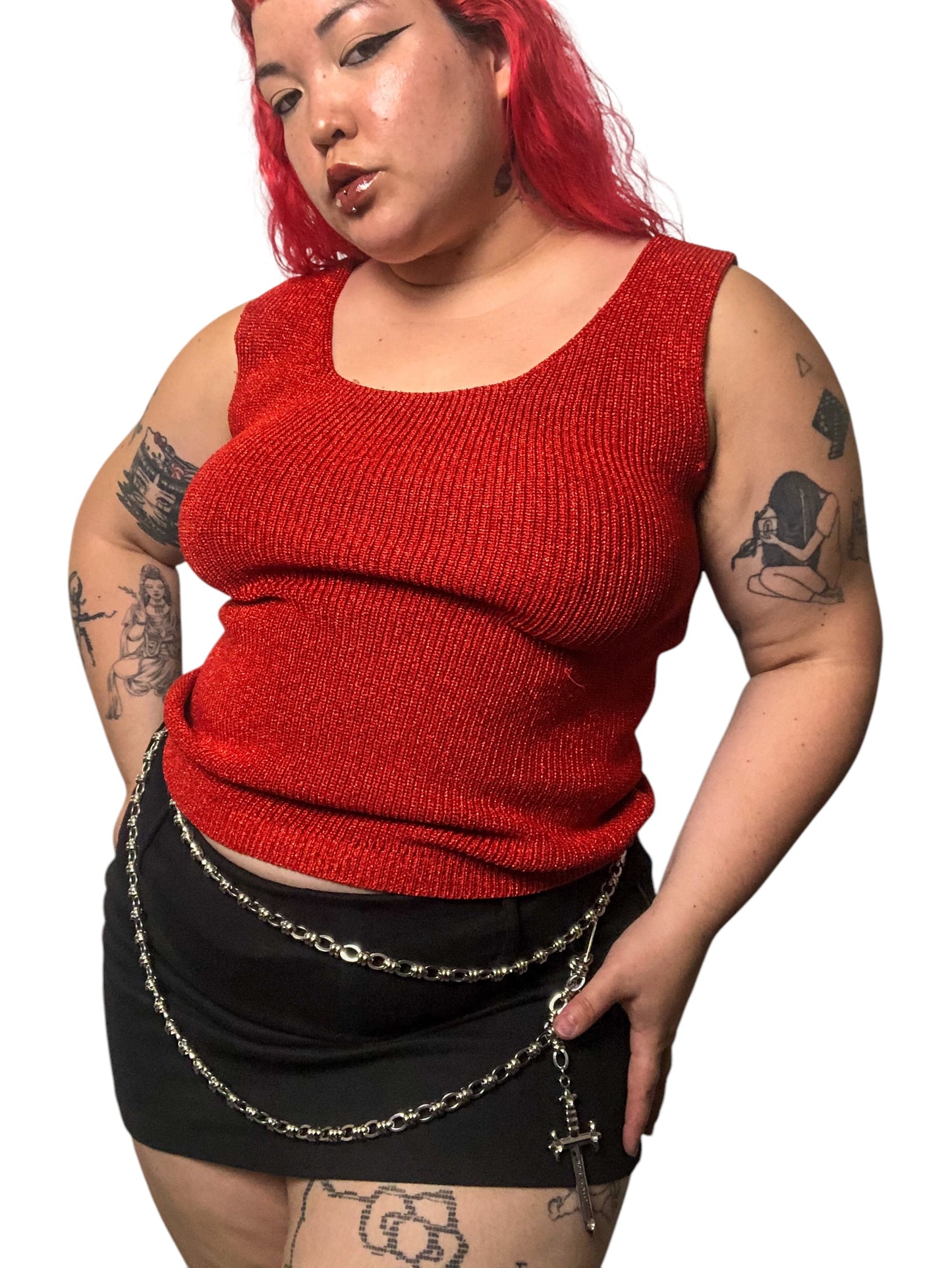 90’s/Y2K XXist Red Sparkly Knit Tank Top (XL/2X)