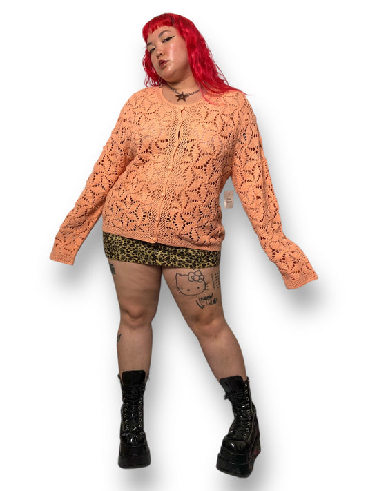 90’s/Y2K Coldwater Creek Coral Pink Crochet Knit Cardigan (3X)