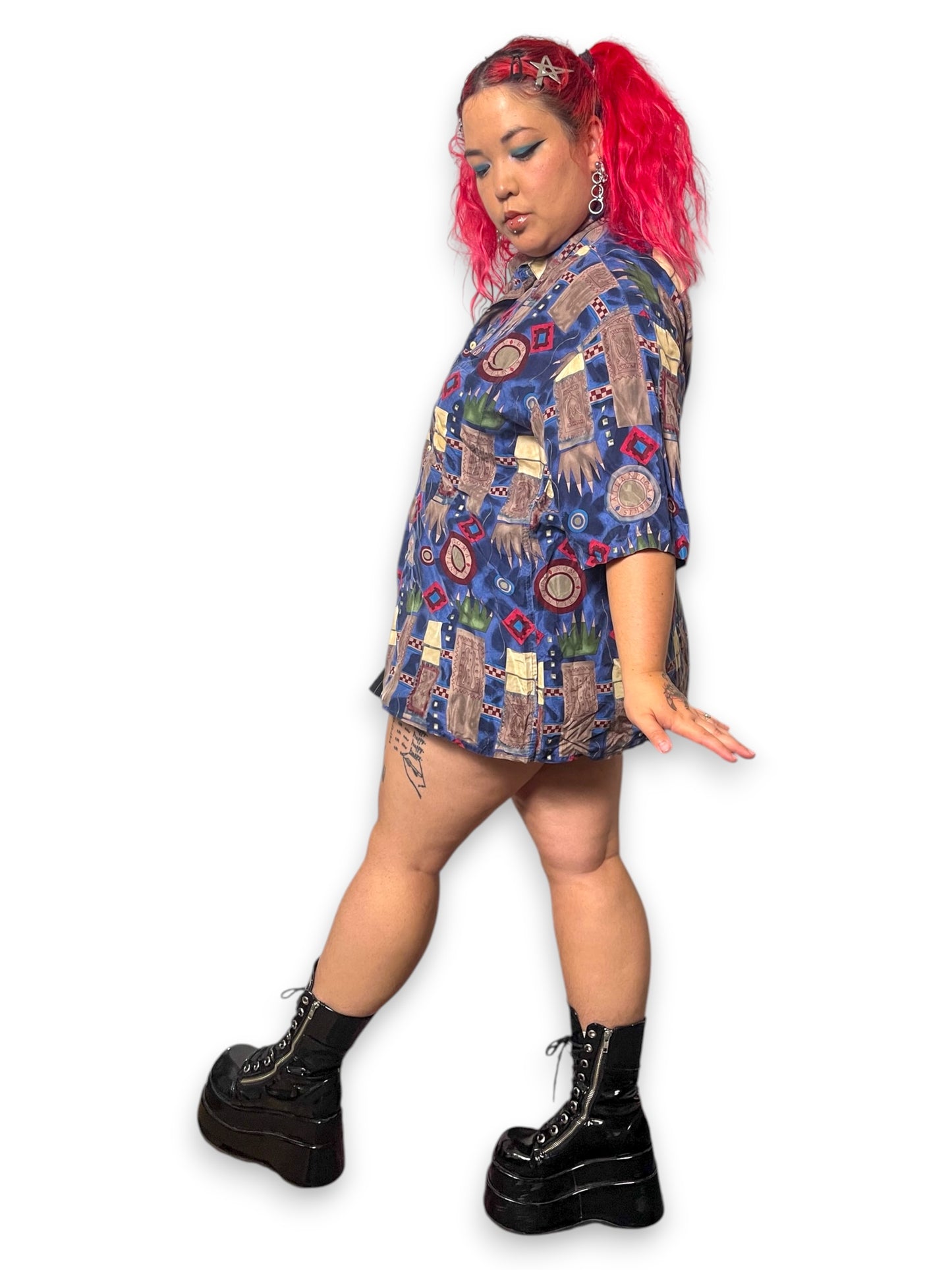 70’s Burma Bibas Blue Graphic Print Shirt (XL/2X)