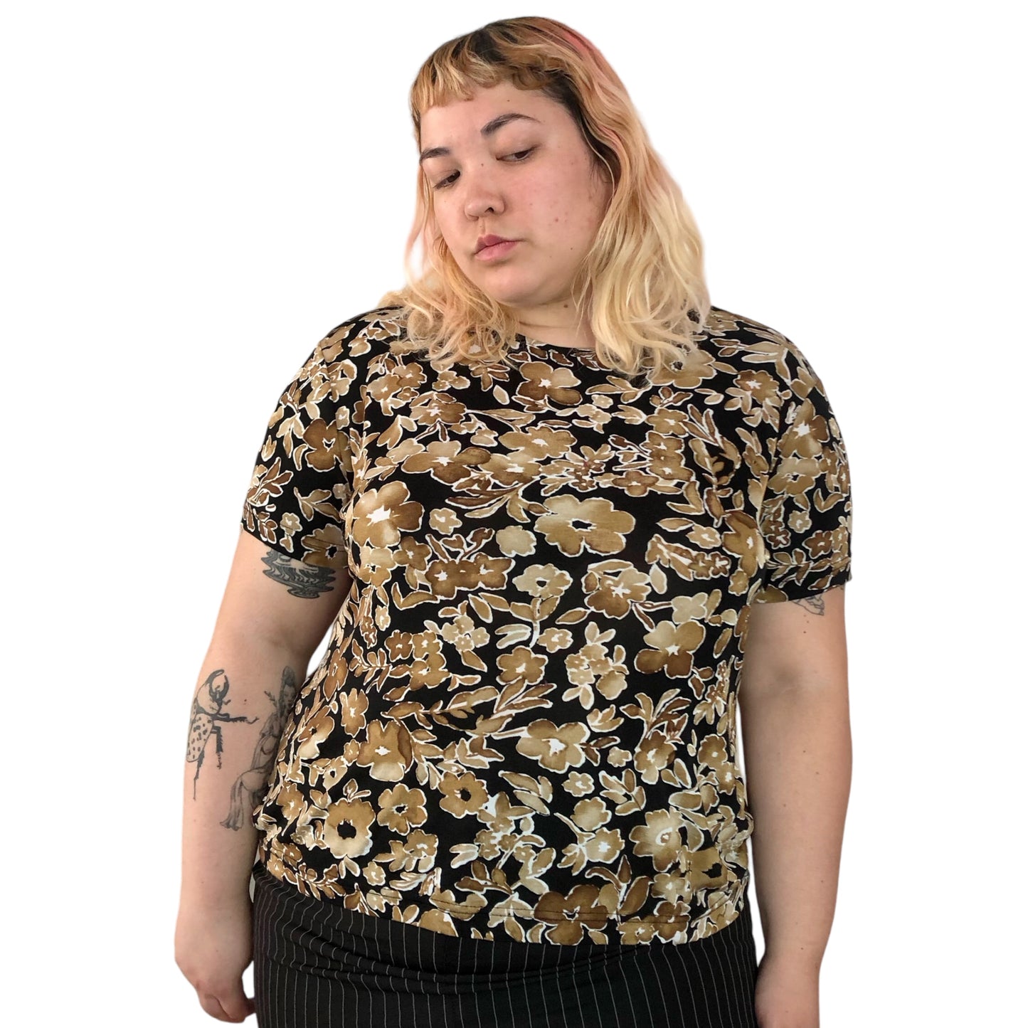 Y2K Jaclyn Smith Brown and Black Floral Print Shirt (2X)