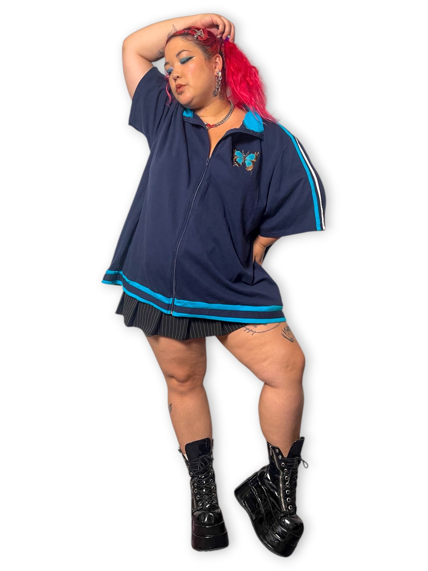 90’s/Y2K Liz & Me Navy Blue Sporty Zip-Up Shirt (5X)