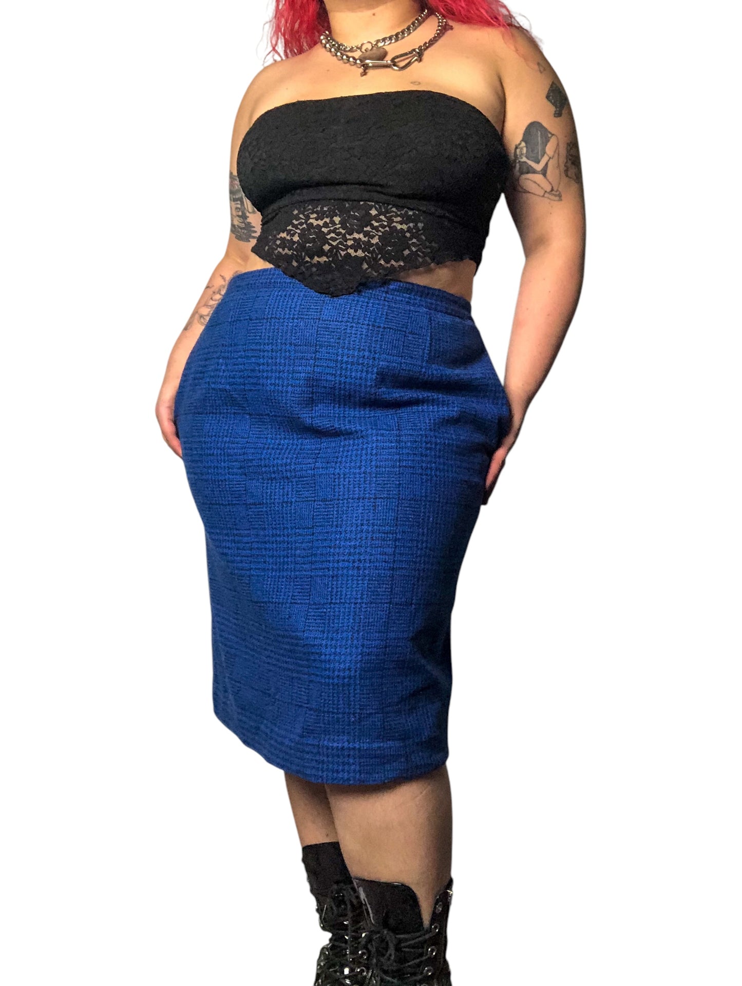 80’s Daniel Niveau Blue and Black Houndstooth Plaid Pencil Skirt (2X)