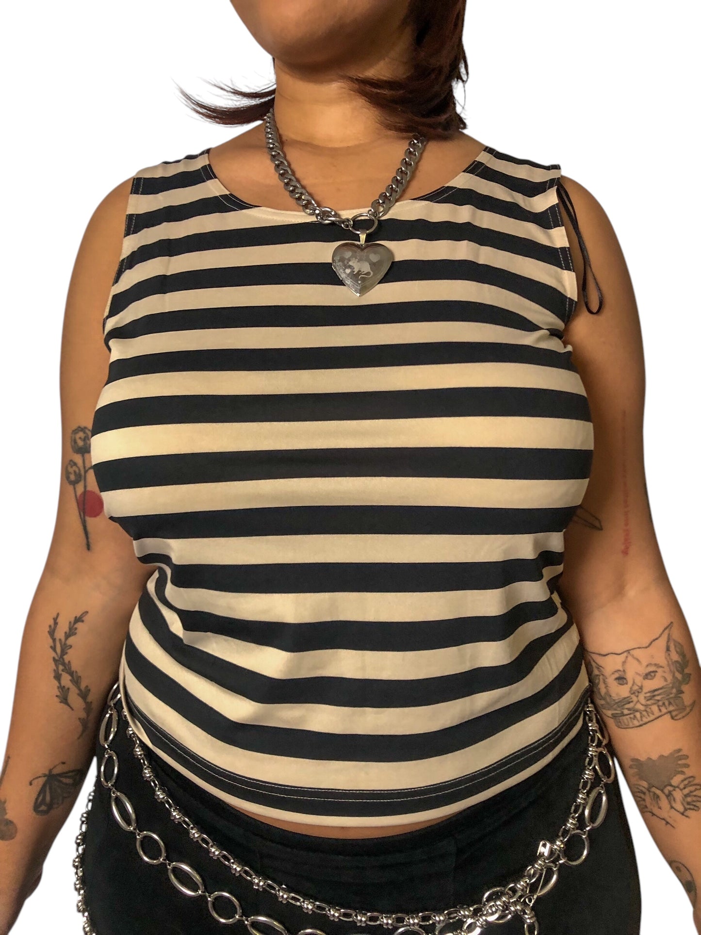 Y2K Draper’s & Damon’s Black and Cream Striped Tank Top (L)