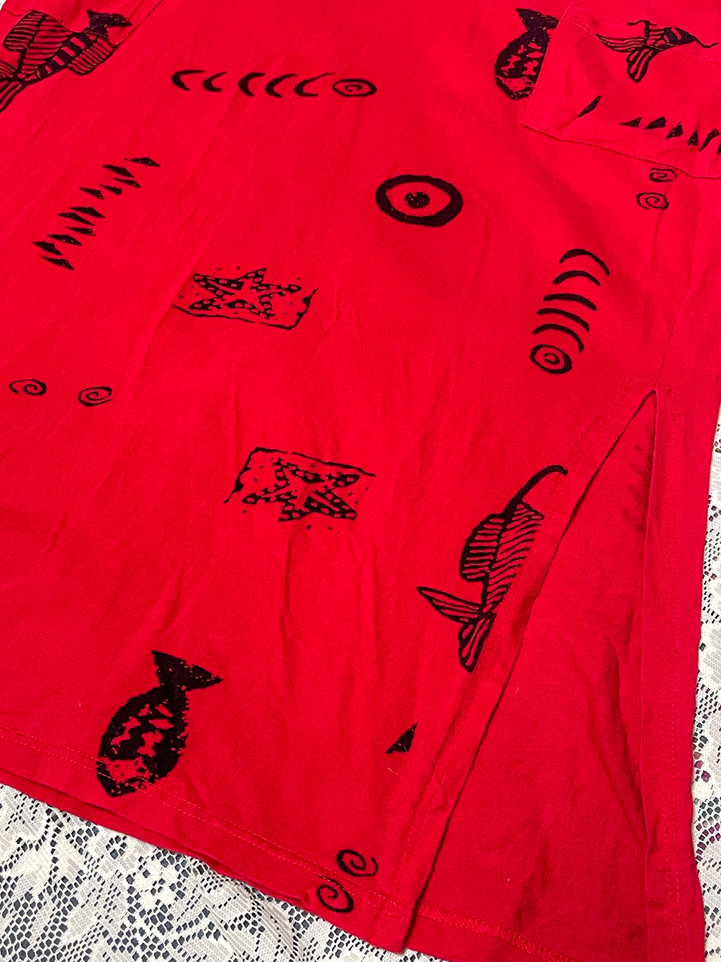 Y2K Red Boho Print Midi Dress (L)