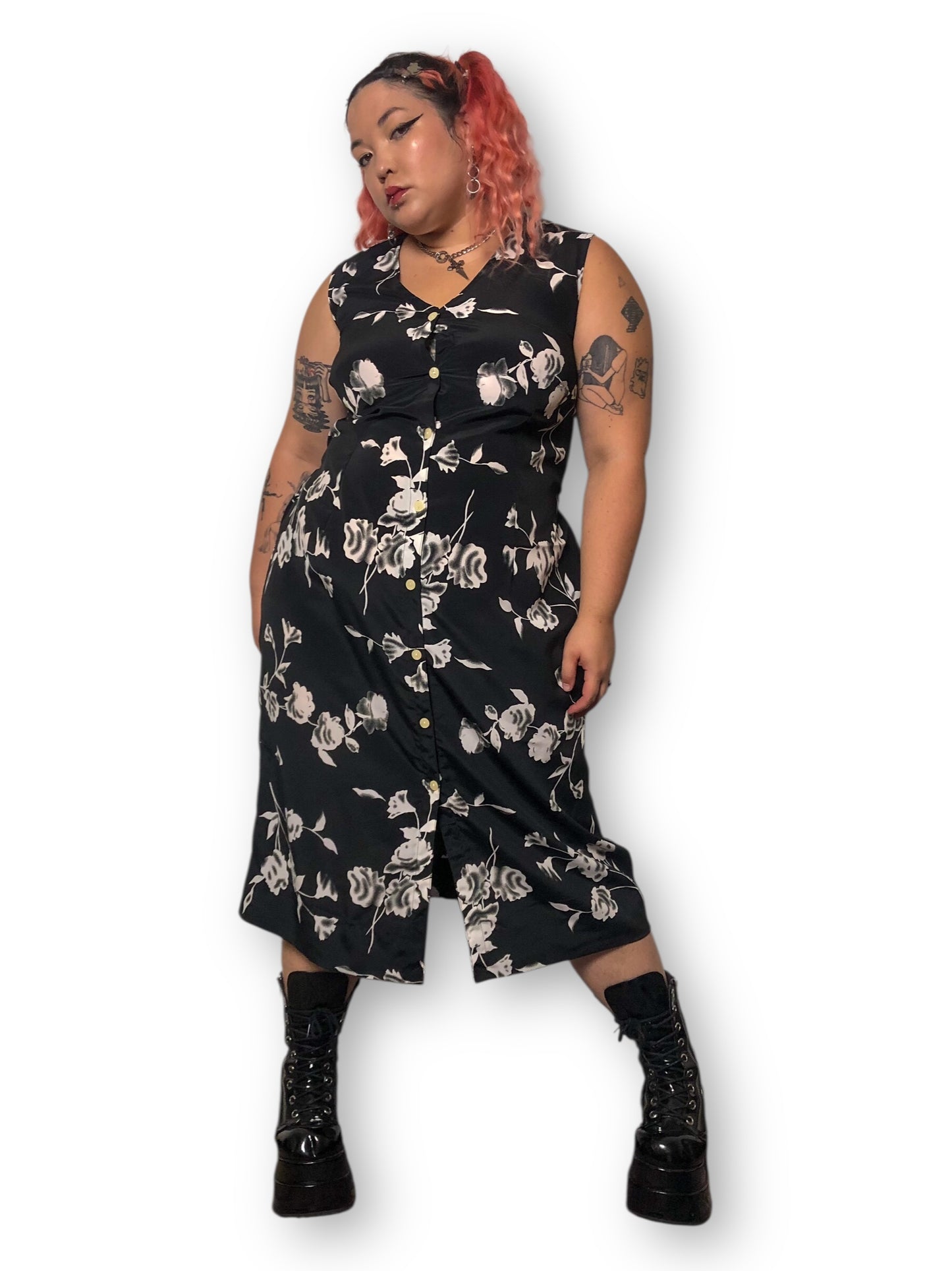 90’s/Y2K Lucy Black and White Floral Print Maxi Dress (XL)