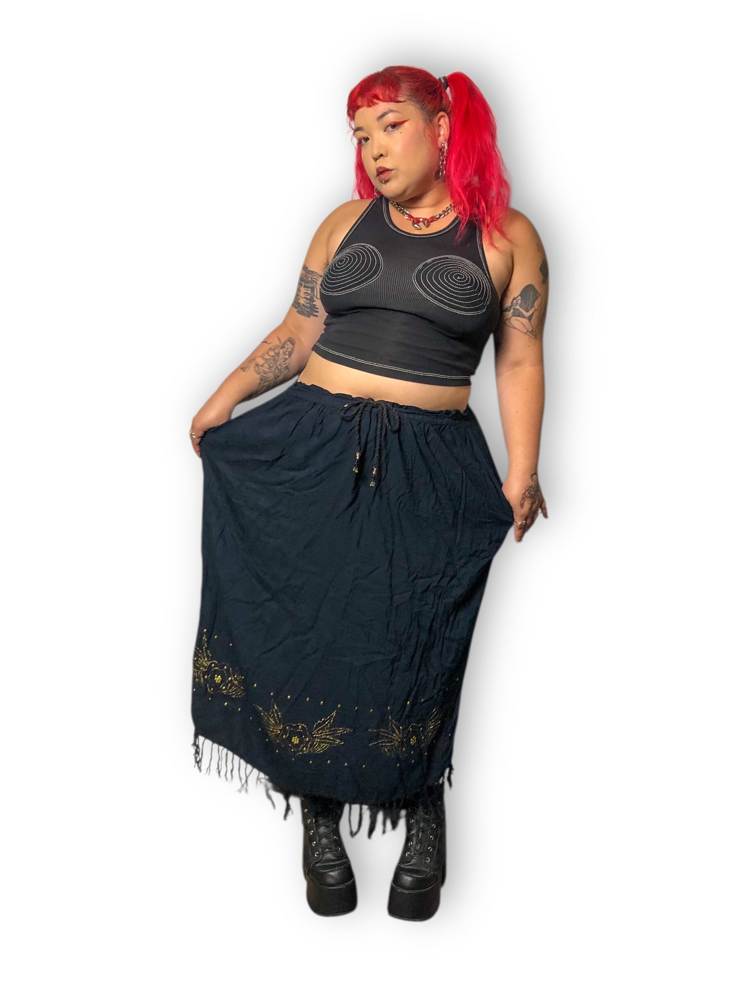 90’s/Y2K Cottonfields Black Midi Skirt (XL/2X/3X)