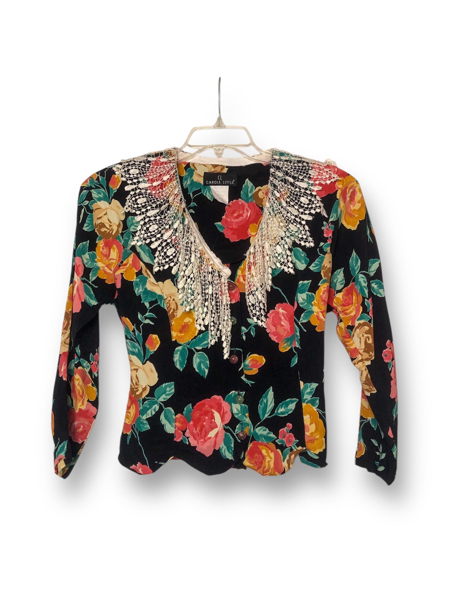 90’s Carole Little Black Floral Print Blouse (M)