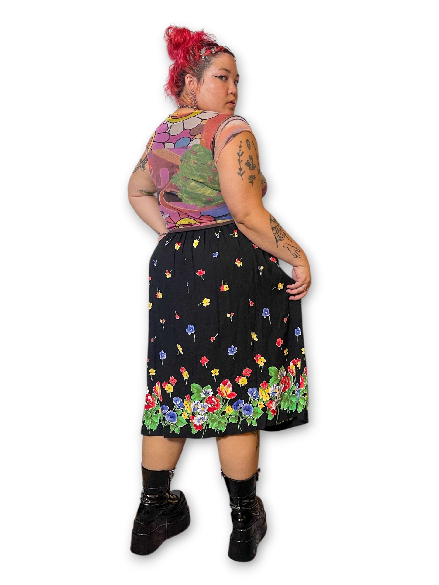 90’s/Y2K Black Floral Print Skirt (XL/1X)