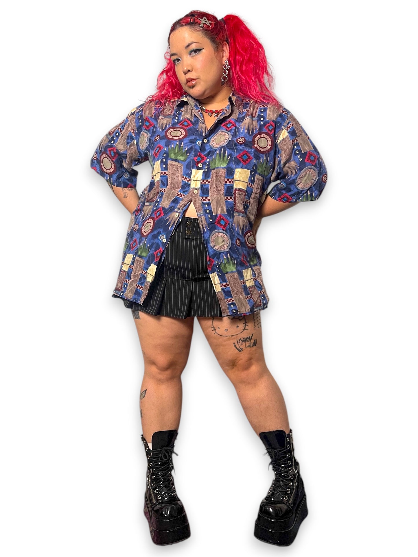 70’s Burma Bibas Blue Graphic Print Shirt (XL/2X)