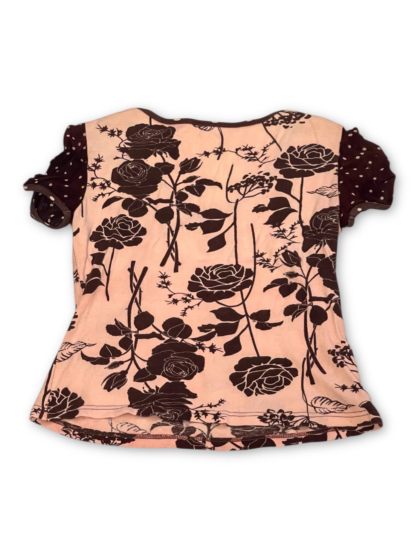 Y2K Pink and Brown Floral Print Top (S/M)