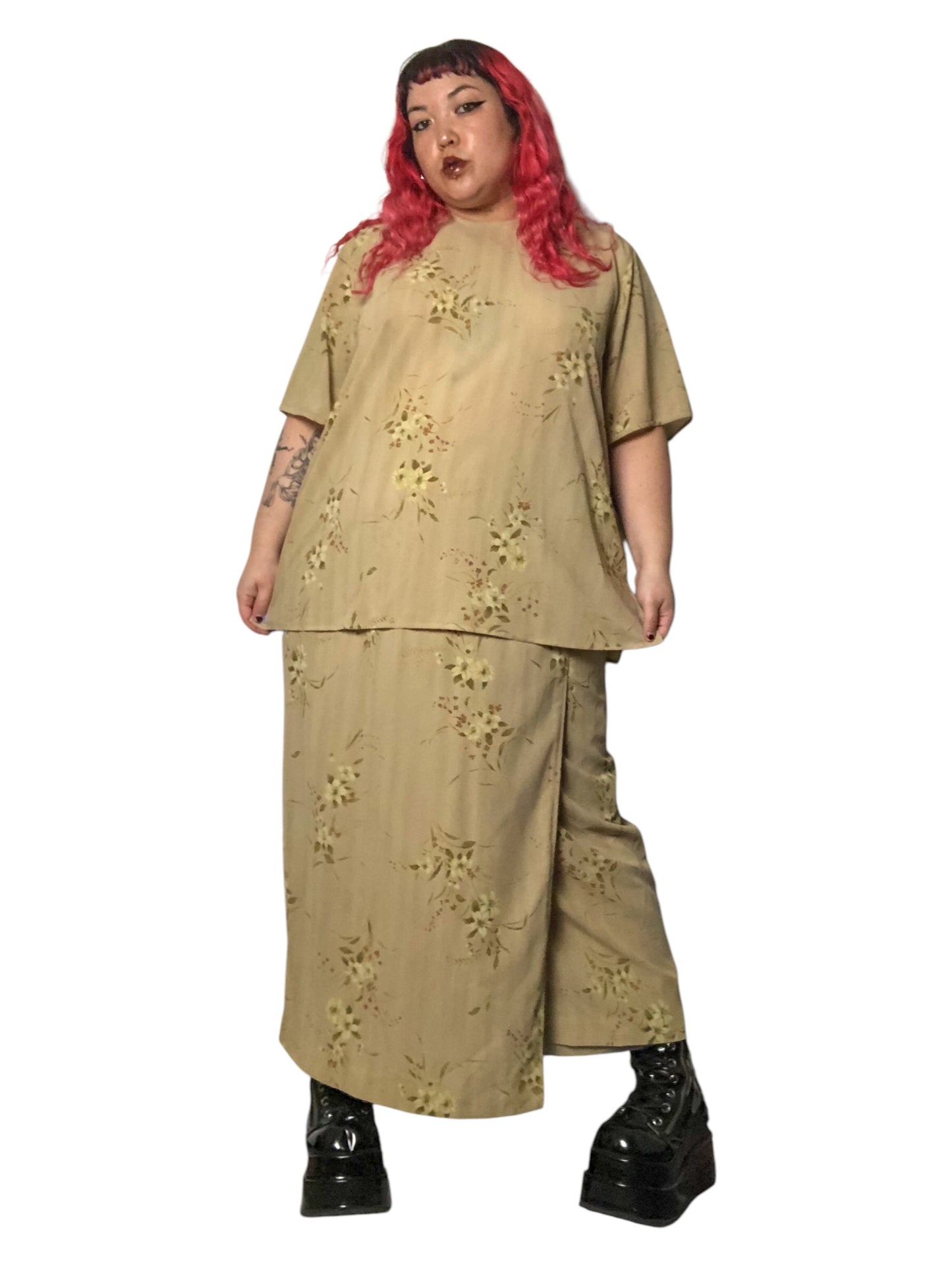 Y2K Rena Rowan Khaki Floral Print 2-Piece Set (3X)
