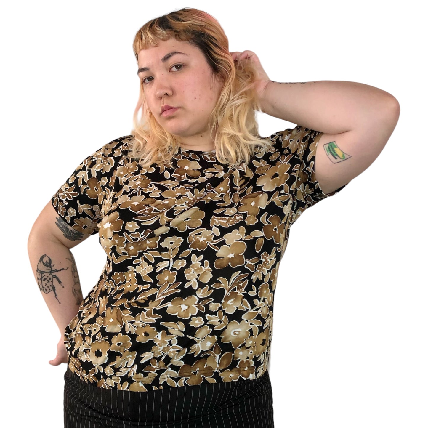 Y2K Jaclyn Smith Brown and Black Floral Print Shirt (2X)