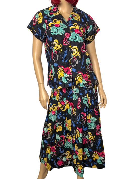 Vintage Abstract Floral Print 2-Piece Set (L)