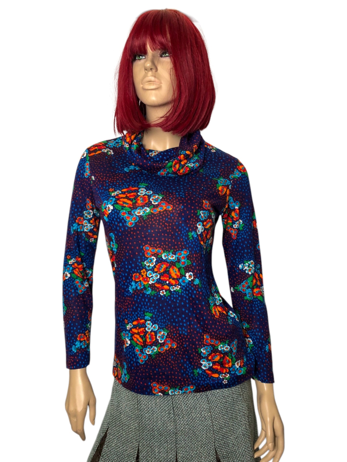 60’s The May Company Blue Floral Retro Turtleneck (S)