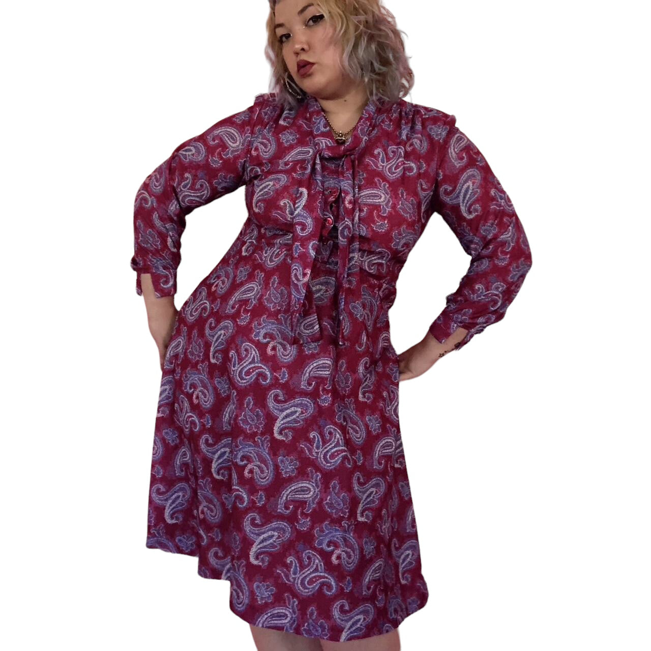 80's Anthony Richards Fuschia Paisley Print Retro Midi Dress (L/XL)