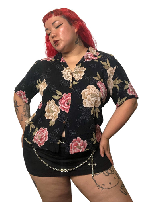 90’s Bishop St. Black Floral Print Button Down Shirt (2X)