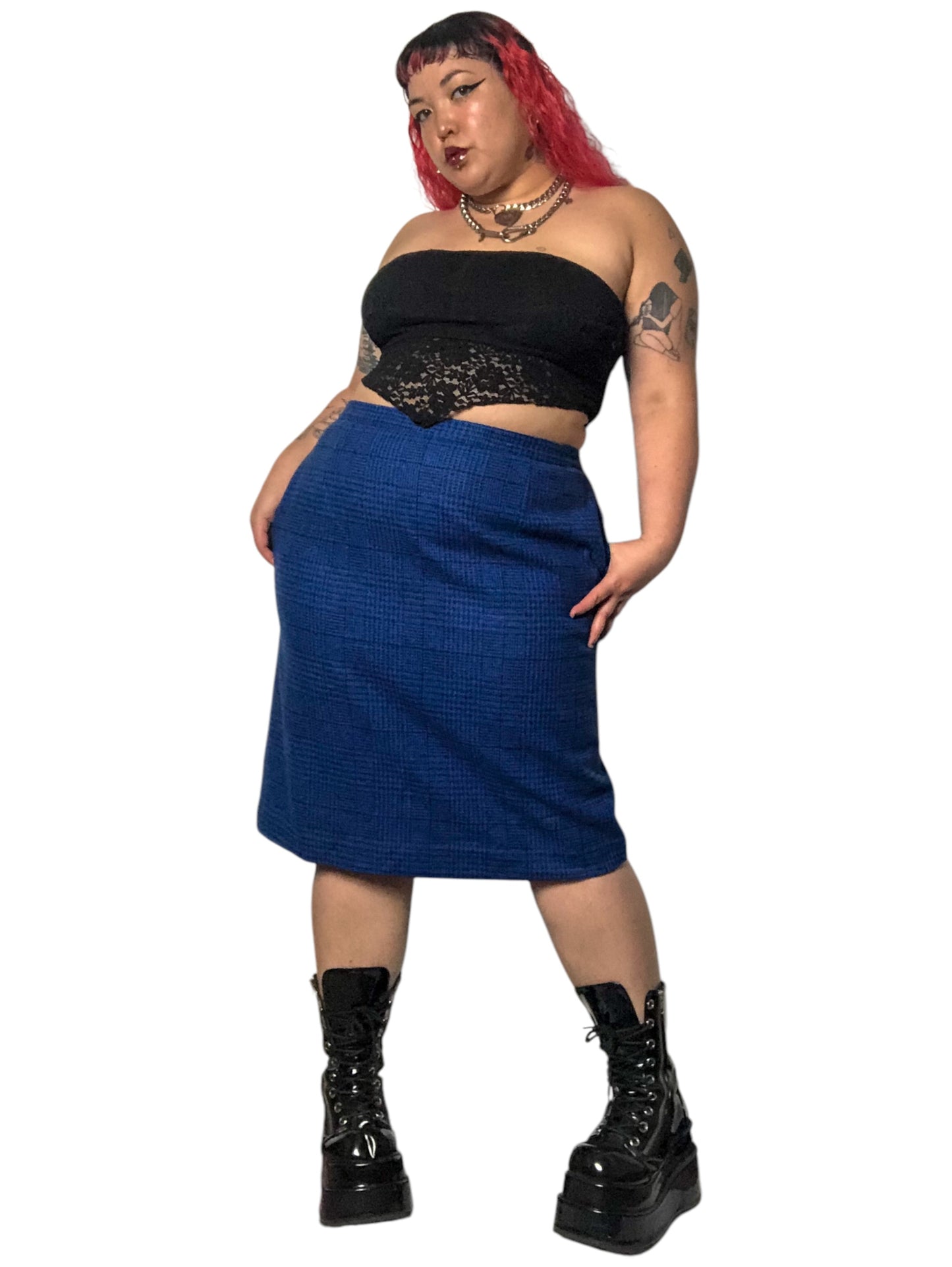 80’s Daniel Niveau Blue and Black Houndstooth Plaid Pencil Skirt (2X)